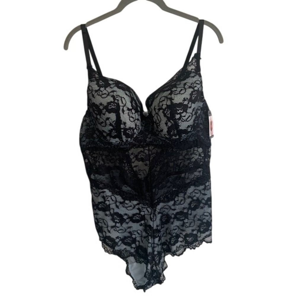 NWT French Affair Lace Teddy Bodysuit 3X Black Blue Glow Push Up Plus Size